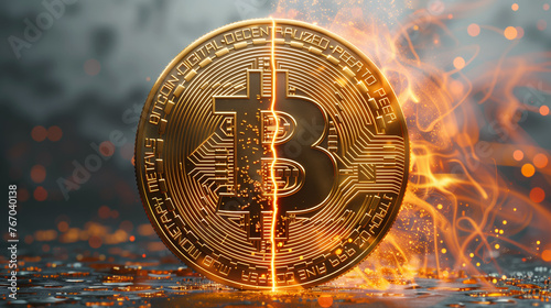 Bitcoin split in two halves, bitcoin halving with fire, brazing soldering of coin photo