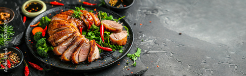 Traditional roasted Peking duck with herbs and sauce banner. Baked duck breast with aromatic spices on black plate on dark background. Restaurant menu recipe. Baked chicken with vegetables. Copy space