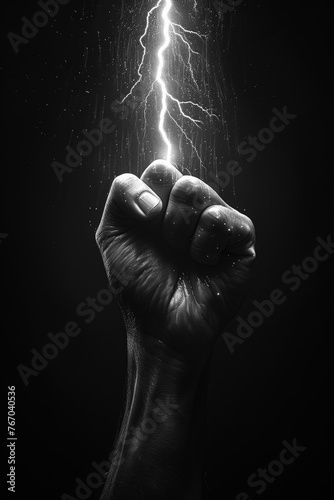 Black and white image of lightning coming from a clenched fist. Lightning strike on clenched fist. 
