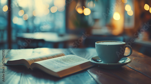 An open book and a coffee cup are placed on a wooden table inside a cafe on a blurred evening background with a relaxed ambience. Background for relaxation, vacation and rest time.