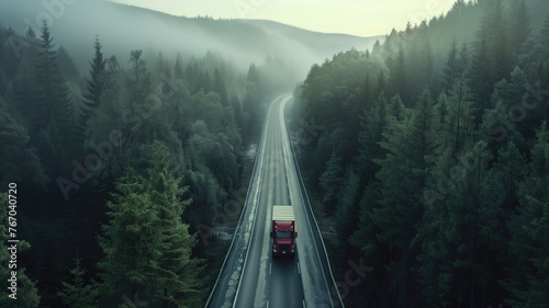 A lone truck travels a forest-lined highway, merging technology with nature's tranquility Generative AI