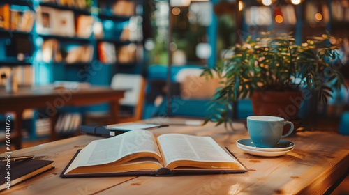 An open book and a coffee cup are placed on a wooden table inside a cafe on a blurred background with a relaxed ambience. Background for relaxation  vacation and rest time.