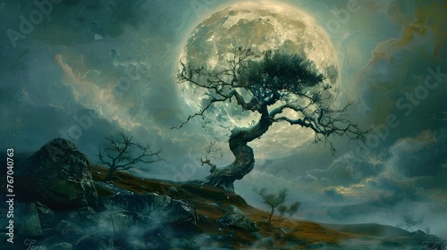Atmospheric Fantasy Landscape with Twisted Old Tree and Glowing Full Moon in Moody Cloudy Sky