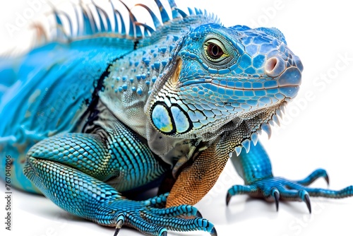 Captivating Close-up of Vibrant Blue Iguana on White Background Showcasing its Intricate Scales and Striking Natural photo