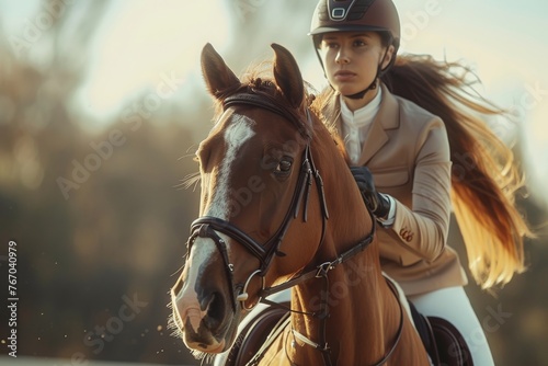 Equestrian woman bonding with horse in a sunlit field, showcasing the beauty of horse riding