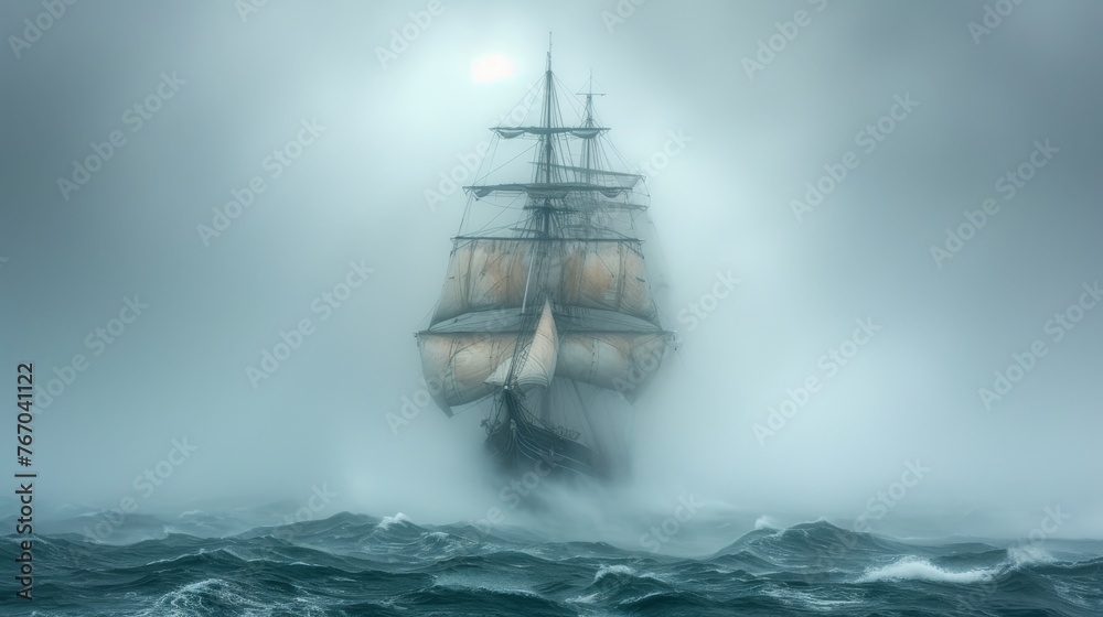 Obraz premium A massive vessel floating on a vast expanse of water under a full lunar sky