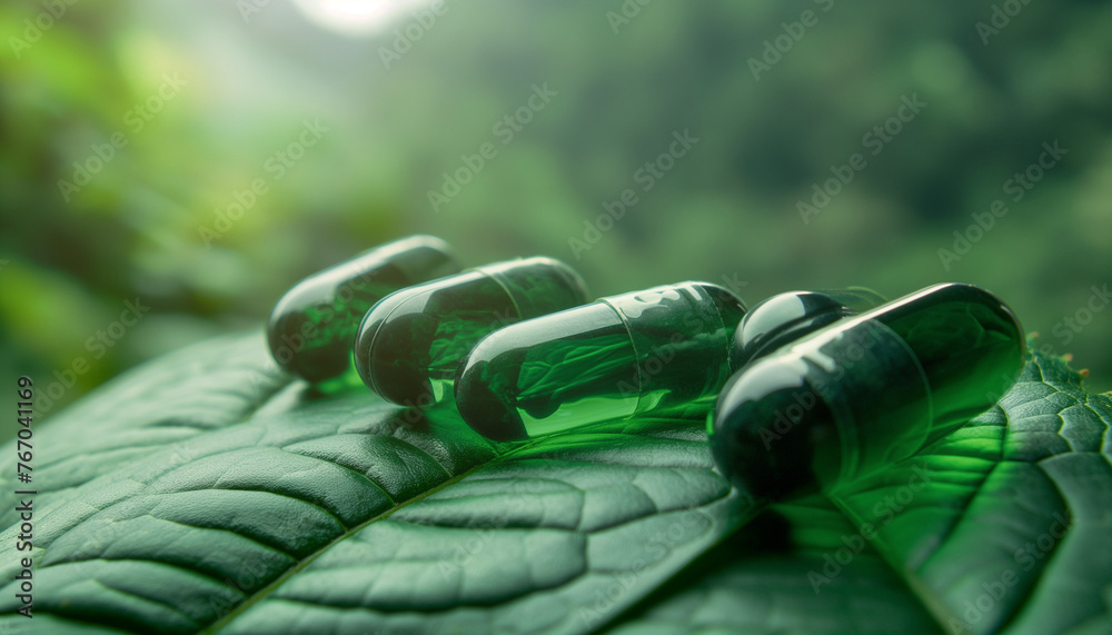 Close-Up of Green Herbal Capsules on a Leaf - obrazy, fototapety, plakaty 