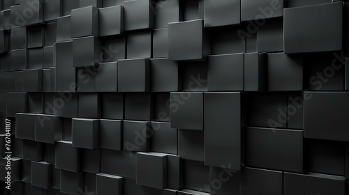 Dark 3D rendering of a futuristic wall made of randomly sized black cubes.