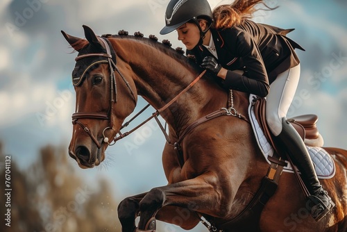 Equestrian girl in focused riding session on a majestic brown horse photo