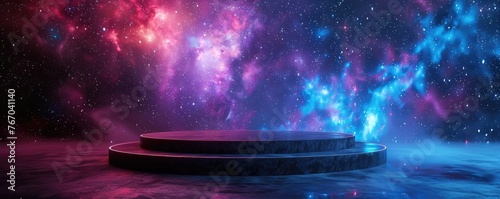 a round podium on the floor of an empty room, cosmic background with galaxies and nebulae, purple blue pink colors, futuristic scene © trustmastertx
