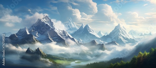 A natural landscape painting of a snowcovered mountain range with clouds hovering above, creating a picturesque scene of cumulus clouds against the clear blue sky