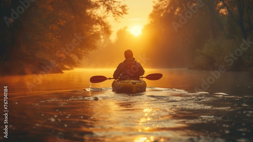  A person paddles in a kayak down a river, with sunlight filtering through the trees behind them