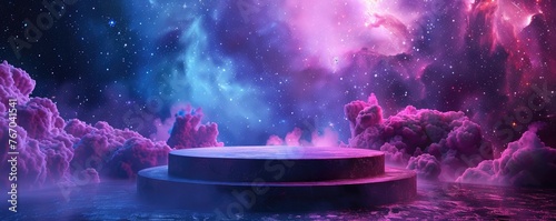a round podium on the floor of an empty room, cosmic background with galaxies and nebulae, purple blue pink colors, futuristic scene photo