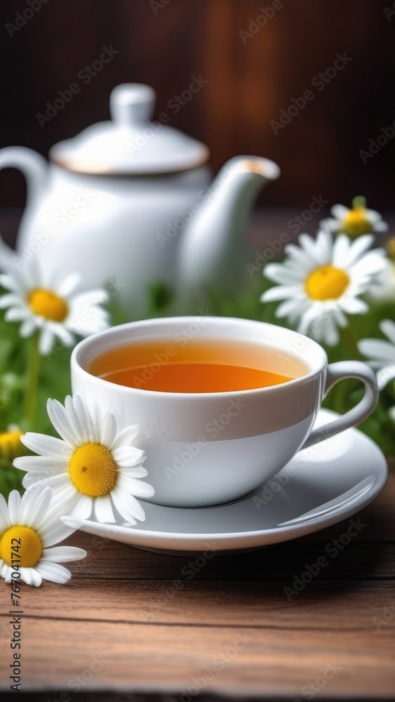 White cup with chamomile tea on a wooden table with teapot. There are chamomile flowers nearby. White cup with chamomile tea on a wooden table with teapot. There are chamomile flowers nearby.