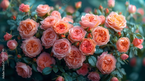   Pink roses in a green-topped vase  with stemmed green leaves