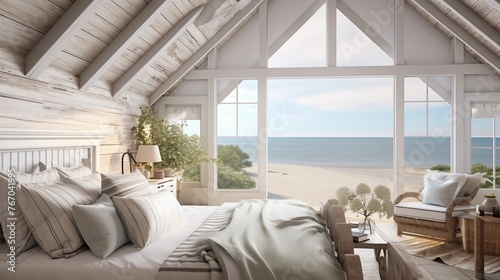 Dreamy seaside beach cottage bedroom with vaulted wood plank ceilings and peaceful ocean views.