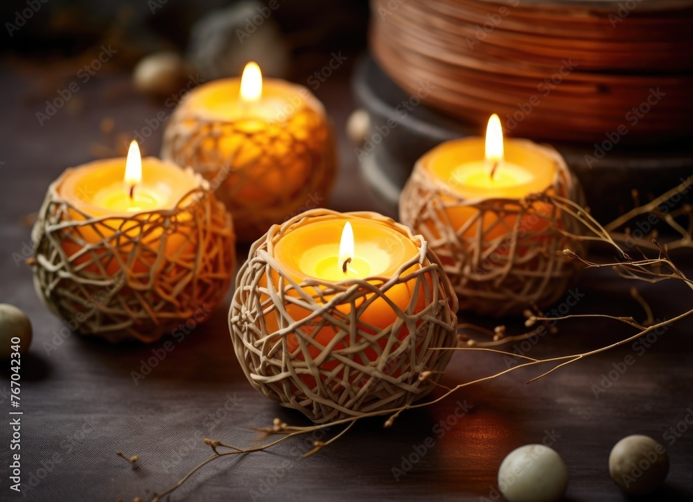 Warm glow of lit candles in nest-shaped holders during evening hours Warm glow of lit candles in nest-shaped holders during evening hours