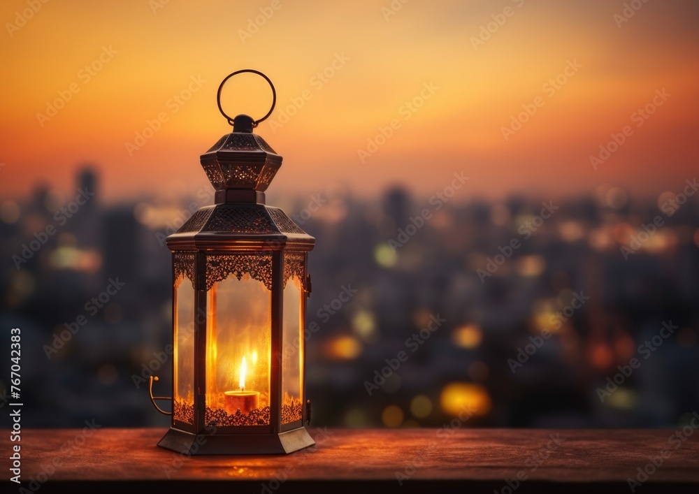 Traditional lantern with candlelight over city sunset, romantic evening ambiance Traditional lantern with candlelight over city sunset, romantic evening ambiance
