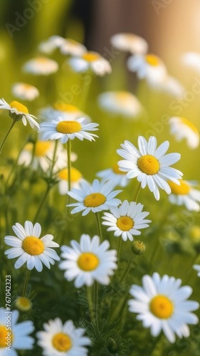 Wooden table  surface  on the background of a field with chamomile. Background of chamomile flowers. Copy space  place for text  empty space. Vertical banner.