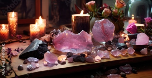Serene candle arrangement with healing crystals  holistic wellness and meditation setting
