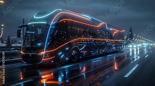 A big, roomy intercity bus passes by on the highway. Generative Ai photo