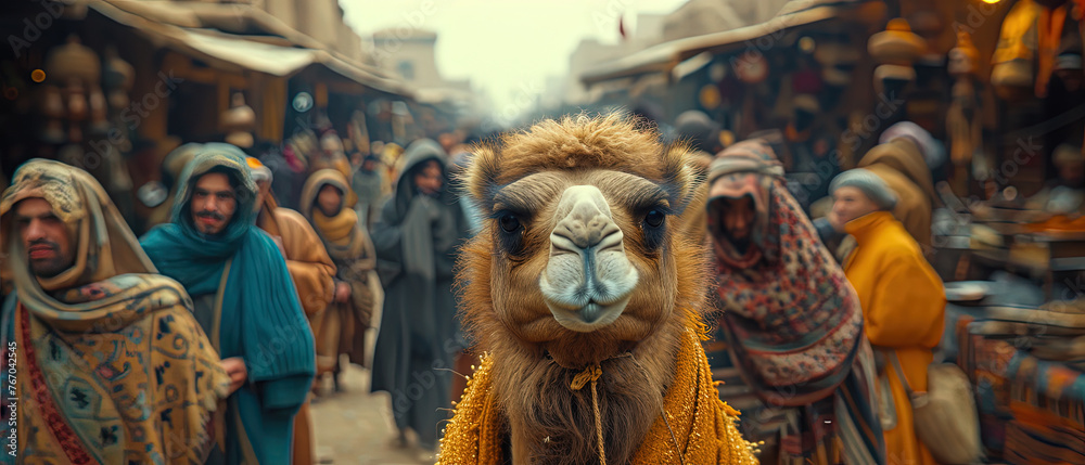 a camel that is standing in a crowded street