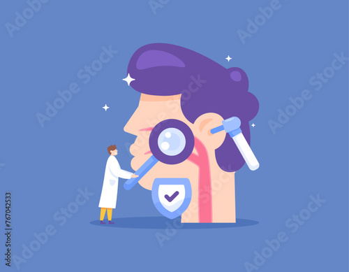 concept of checking the health condition of the ears, nose and throat. a specialist doctor examines, evaluates, and carries out treatment. checked by an otolaryngologist. flat style illustration