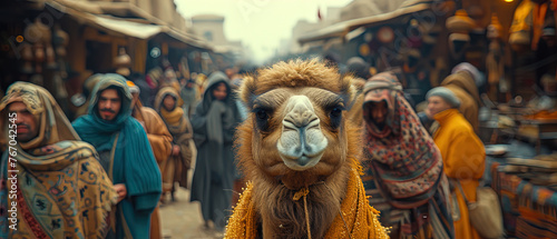 a camel that is standing in a crowded street