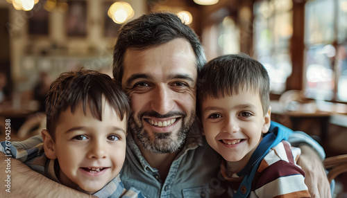 A man with glasses is smiling at two young boys