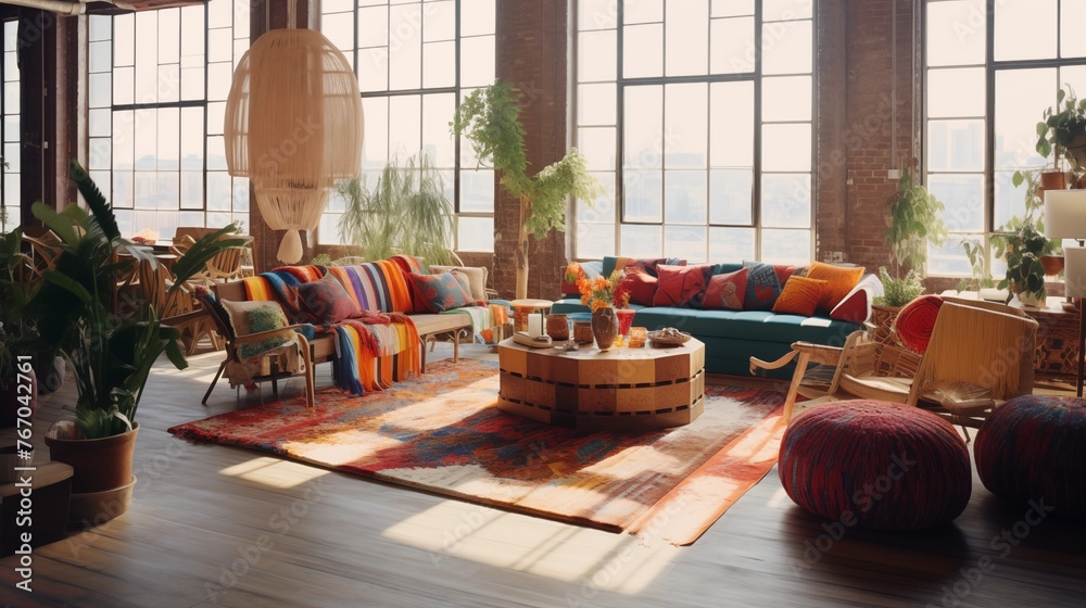 Eclectic Bohemian loft living room with vibrant global textiles macram?(C) plant hangers and richly colored woven furnishings.