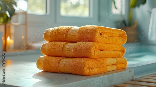 Brightly colored towels in bathroom with natural elements for home comfort