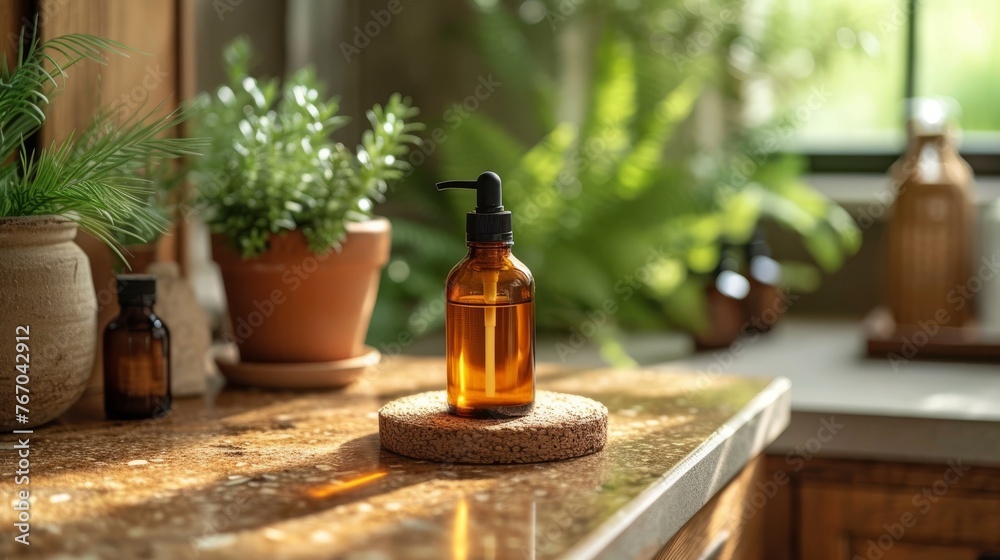 A bottle of soap sits on a counter beside a potted plant and a potted plant A bottle of soap sits on a counter beside a potted plant and a potted plant