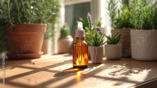  A bottle of essential oil sits on a table with a potted plant and houseplants nearby