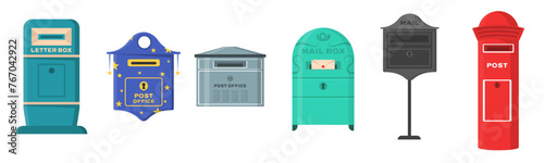 Set of isolated retro mailbox or vintage post box. Letter boxes for communication, traditional english mailing service. Europe correspondence service for postage. Old email symbol for contact address
