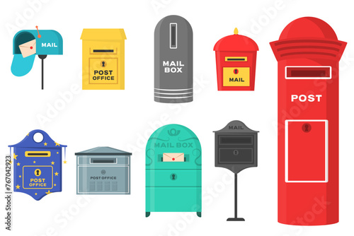 Set of isolated retro mailbox or vintage post box. Letter boxes for communication, traditional english mailing service. Europe correspondence service for postage. Old email symbol for contact address