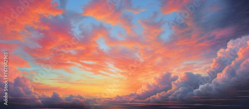 A natural landscape painting capturing the afterglow of a sunset over a body of water, with orange and red sky at evening and cumulus clouds in the sky