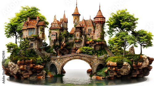 A medieval castle and bridge surrounded by trees, clipart, fantasy, for scrapbooking, video games