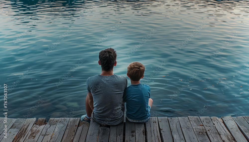 A man and a boy are sitting on a dock by a body of water