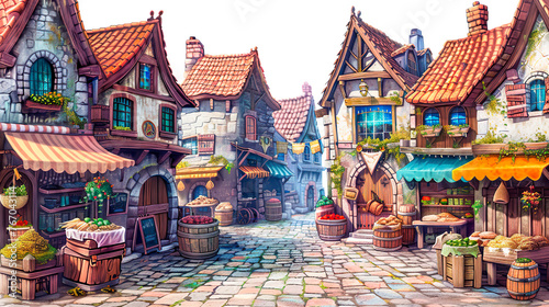 A small medieval street market in the village square, clipart, fantasy, for scrapbooking, video games