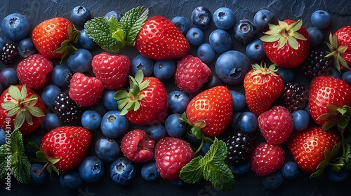 A cluster of strawberries and berries arranged in a design. Generative Ai