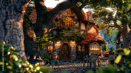 A small medieval tavern surrounded by trees, clipart, fantasy, for scrapbooking, video games