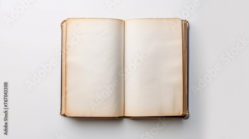 Mock-up of blank pages of an open notebook with copy-space for text on a plain white background. Classic old book style with vintage brown pages.