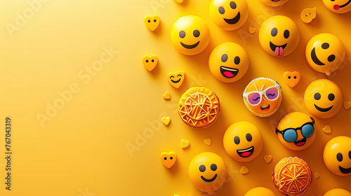 World emoji day 3d banner background. Emoji Celebration 3D Banner Background. World emoji day with a funny emojis. World smile day emojis. Mental health assessment, world mental health day concept.  #767043319