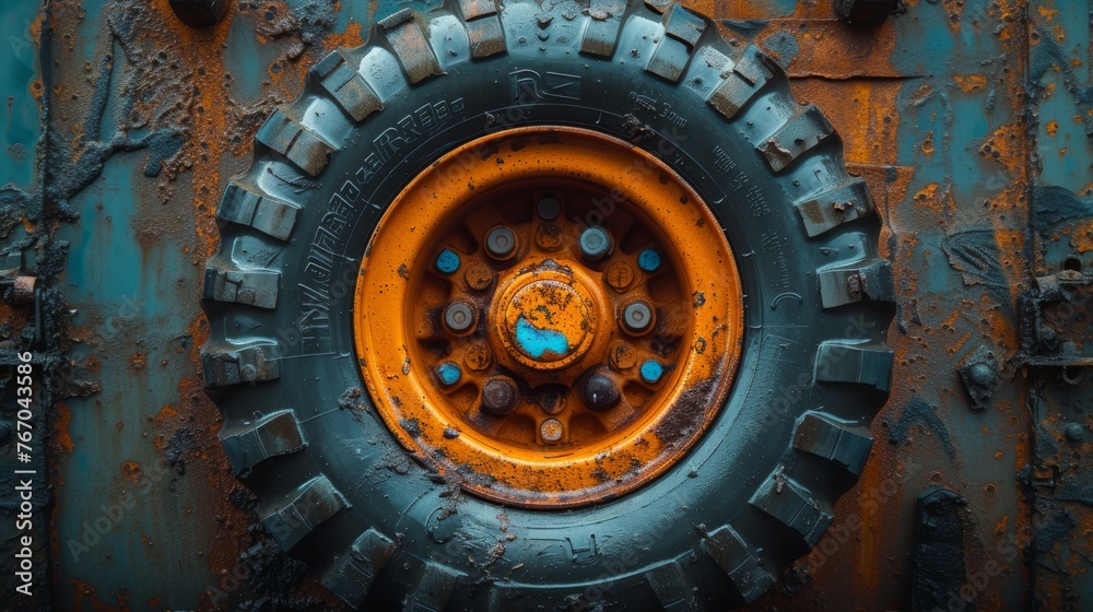   Close-up image of a rusted metal tire with yellow and blue spokes