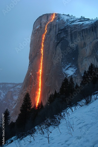 a long exposure of a fire coming from a mountain photo