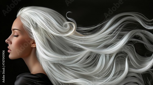 Portrait of a beautiful young woman with long straight shiny healthy white hairs looking at the camera with hair tossing in the air, isolated on black background, salon cosmetic shampoo, conditioner. photo