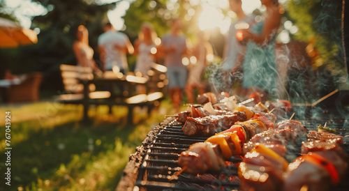 Close-up of a barbecue with a blurred background of a group of people at an outdoor celebration. Concept of summer, vacations, celebrations, outdoors. ©  J. GALIÑANES STOCK