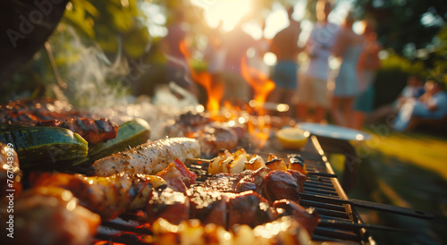 Fototapeta Naklejka Na Ścianę i Meble -  Close-up of a barbecue with a blurred background of a group of people at an outdoor celebration. Concept of summer, vacations, celebrations, outdoors.