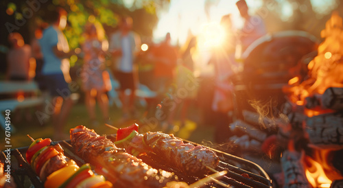 Close-up of a barbecue with a blurred background of a group of people at an outdoor celebration. Concept of summer, vacations, celebrations, outdoors. #767043940