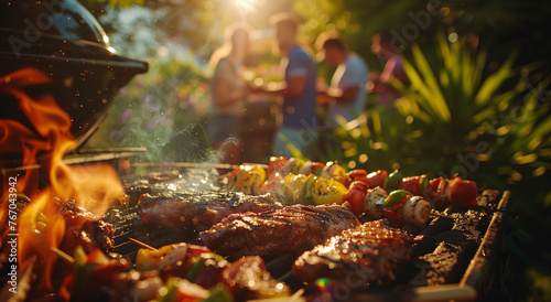 Close-up of a barbecue with a blurred background of a group of people at an outdoor celebration. Concept of summer, vacations, celebrations, outdoors. #767043942